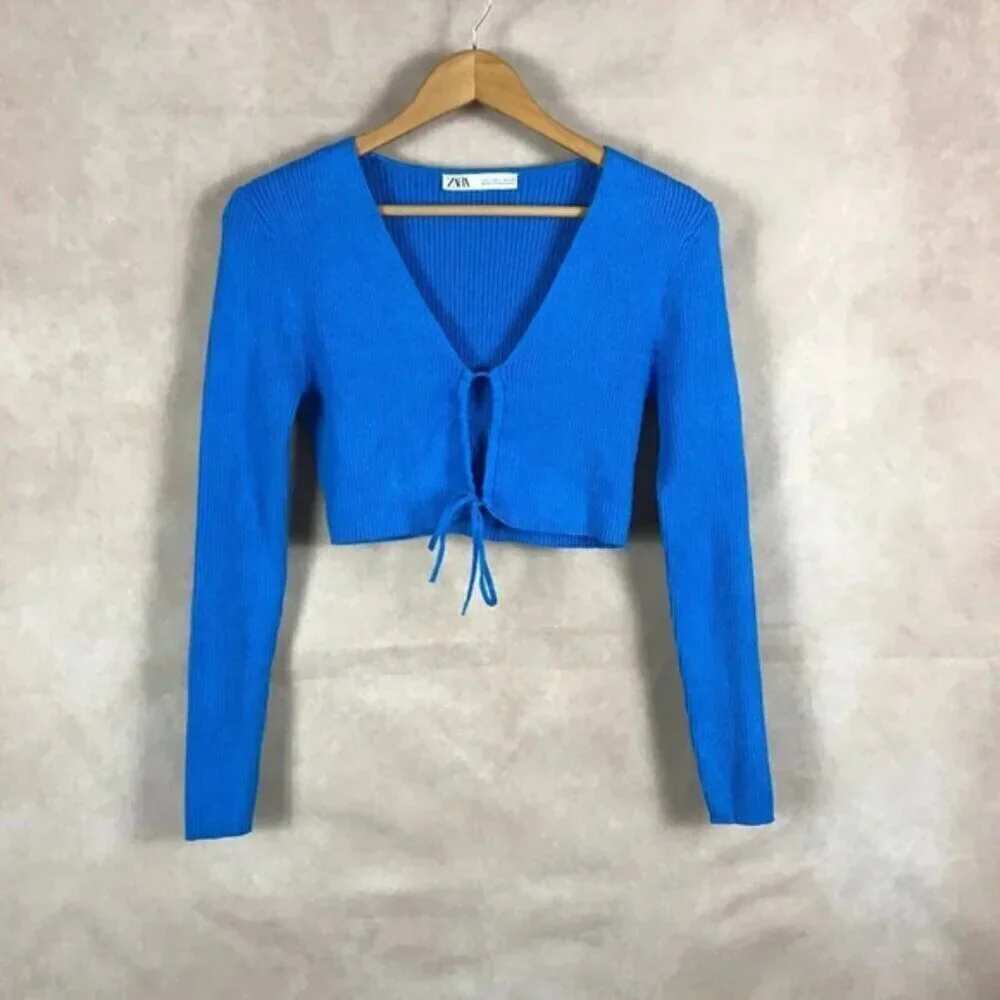 ZARA Blue Tie Front Rib Knit Crop Top Size Large